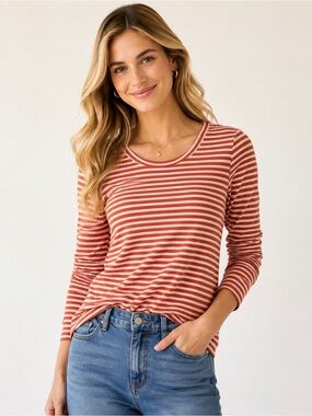 Caslon Striped Orange Heathered Oatmeal Long Sleeve Fall‎ Top Autumn Size Small